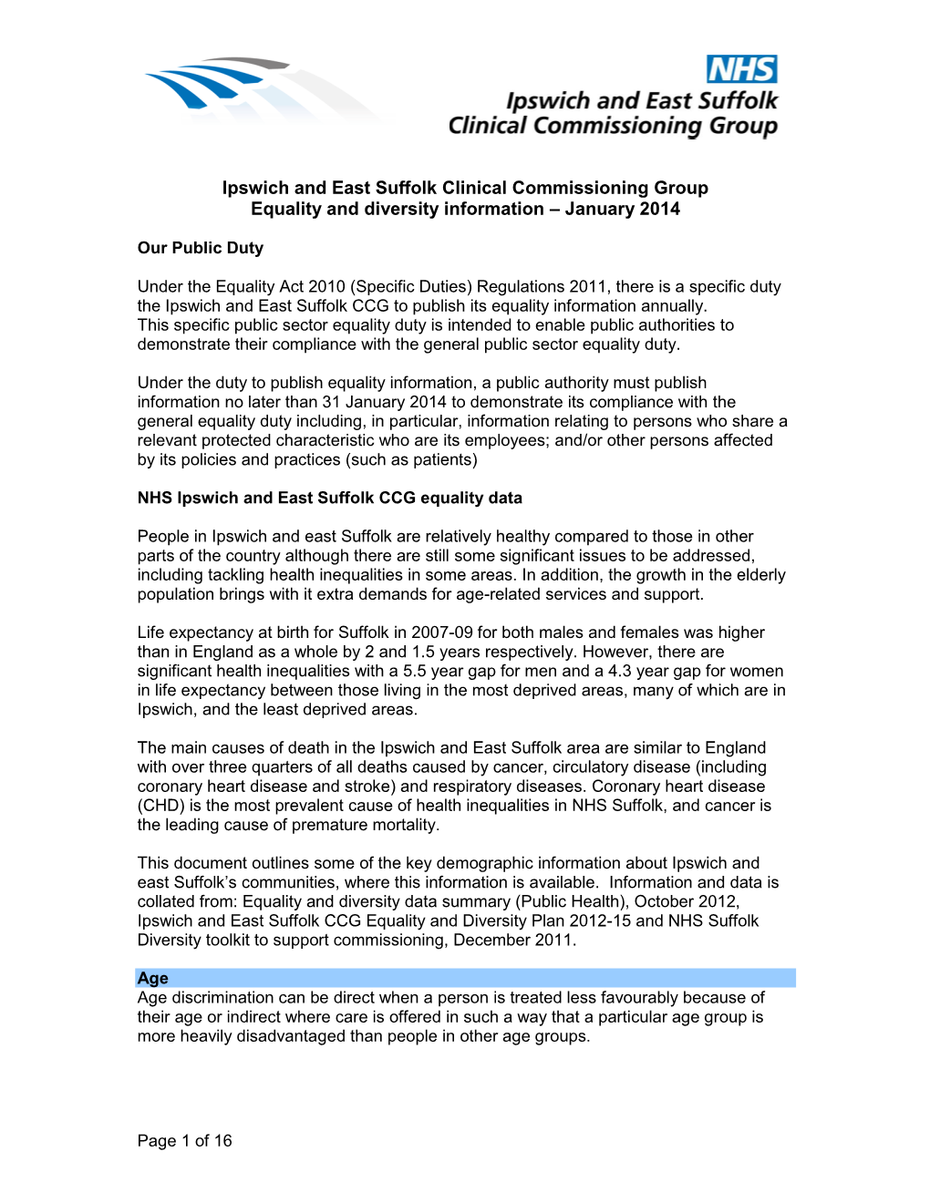 Ipswich and East Suffolk Clinical Commissioning Group Equality and Diversity Information – January 2014
