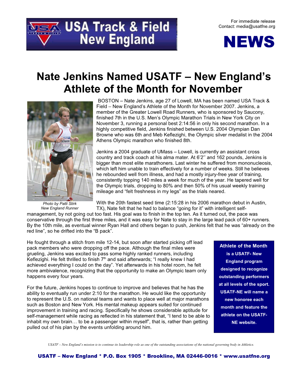 USATF-NE Athlete of the Month for November 2007