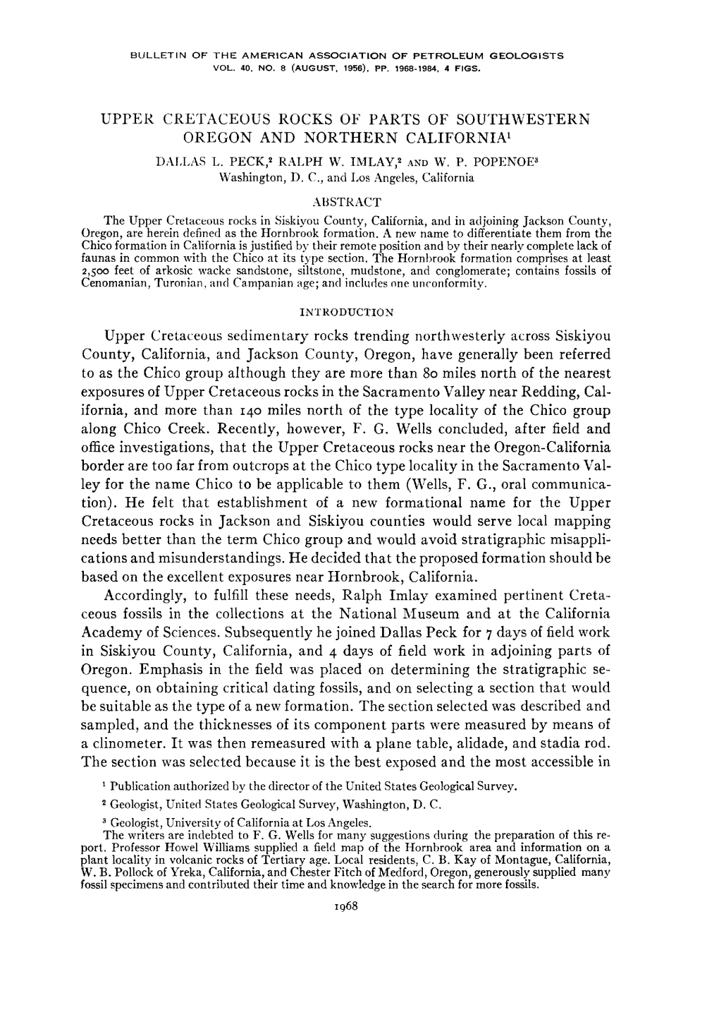 UPPER CRETACEOUS ROCKS OE PARTS of SOUTHWESTERN OREGON and NORTHERN Californiai DAFJ.AS L