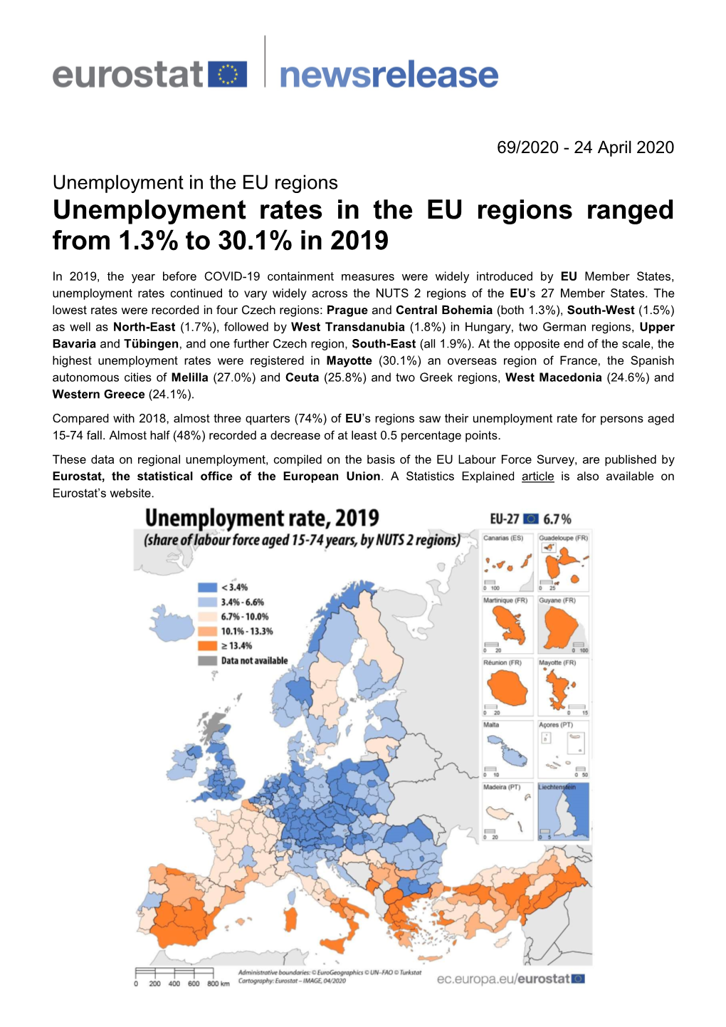 Unemployment Rates in the EU Regions Ranged from 1.3% to 30.1% in 2019