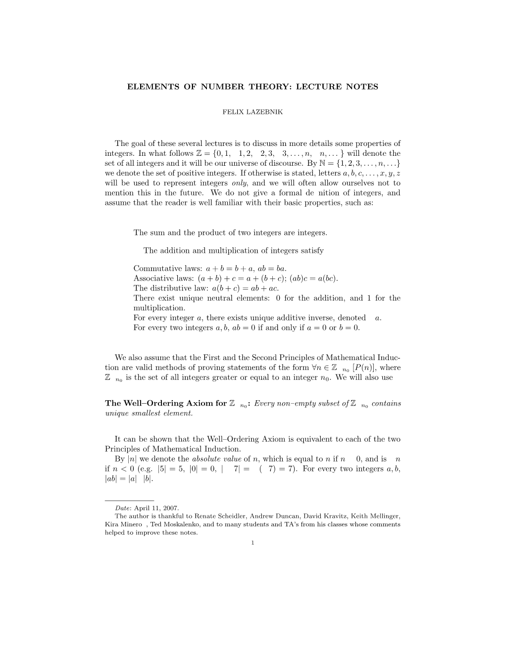 Elements of Number Theory: Lecture Notes