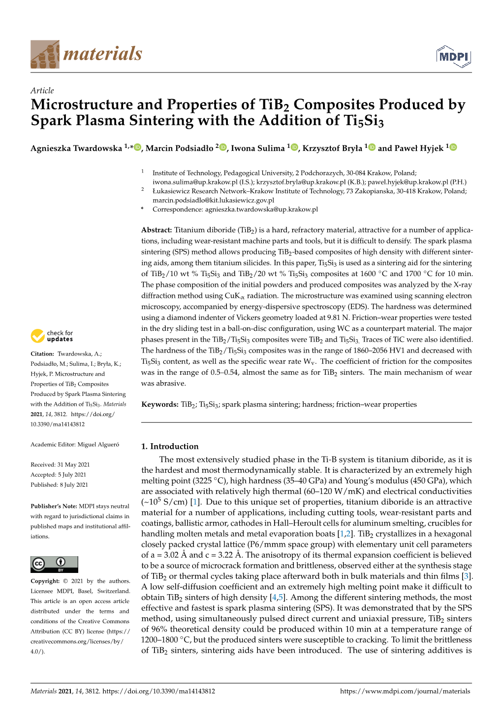 Microstructure and Properties of Tib2 Composites Produced by Spark Plasma Sintering with the Addition of Ti5si3