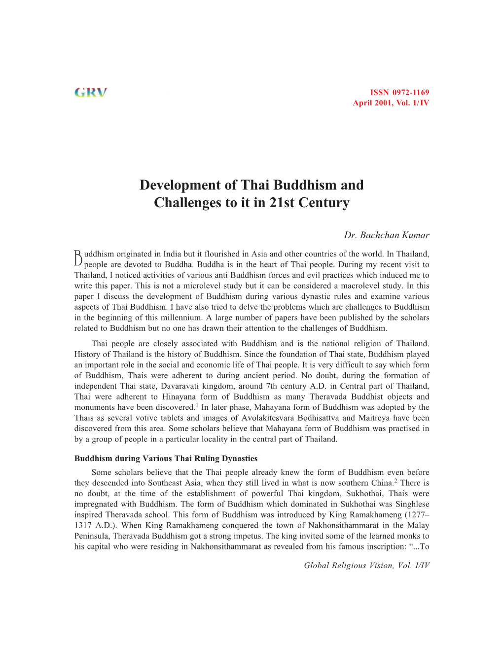 Development of Thai Buddhism and Challenges to It in 21St Century