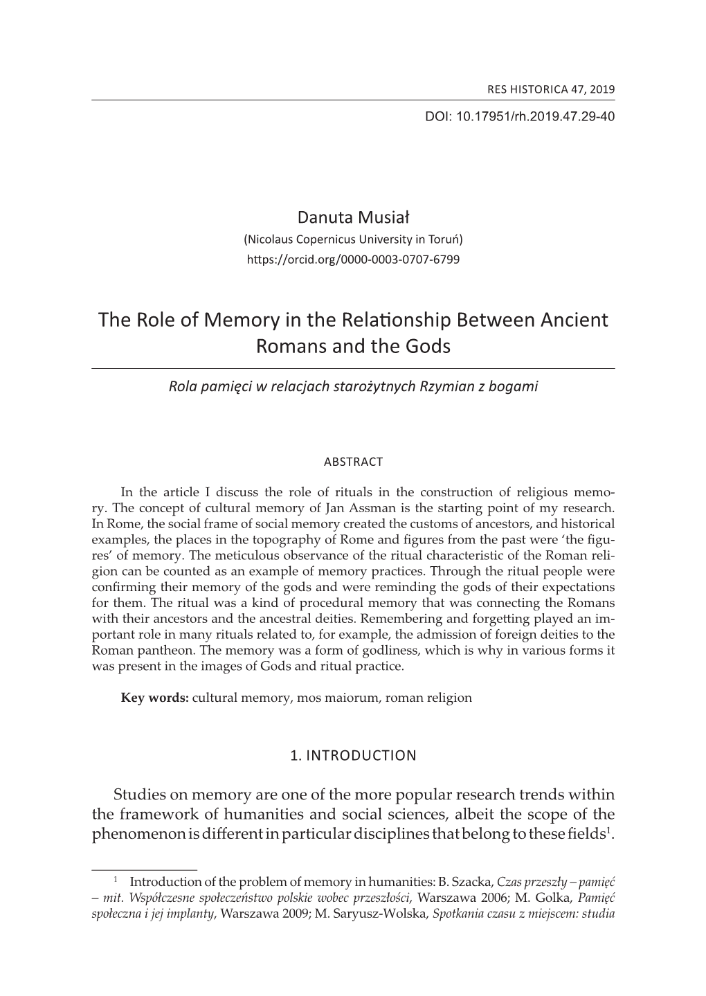 The Role of Memory in the Relationship Between Ancient Romans and the Gods