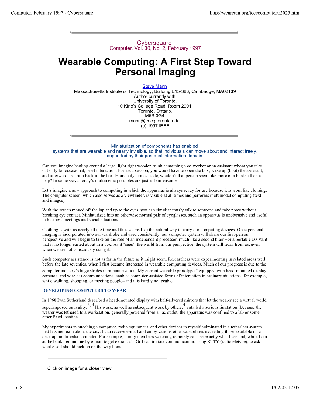 Wearable Computing: a First Step Toward Personal Imaging