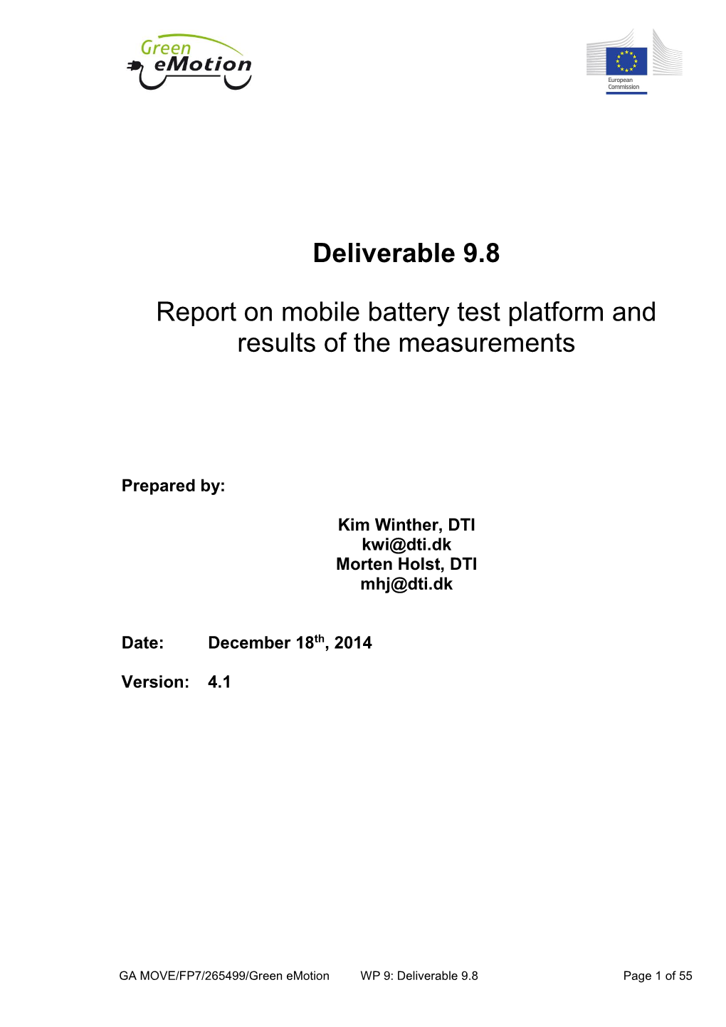 Deliverable 9.8 Report on Mobile Battery Test Platform and Results Of