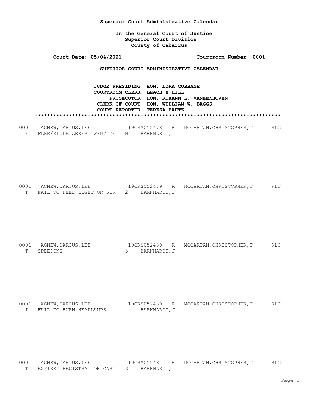 Superior Court Administrative Calendar in the General Court Of