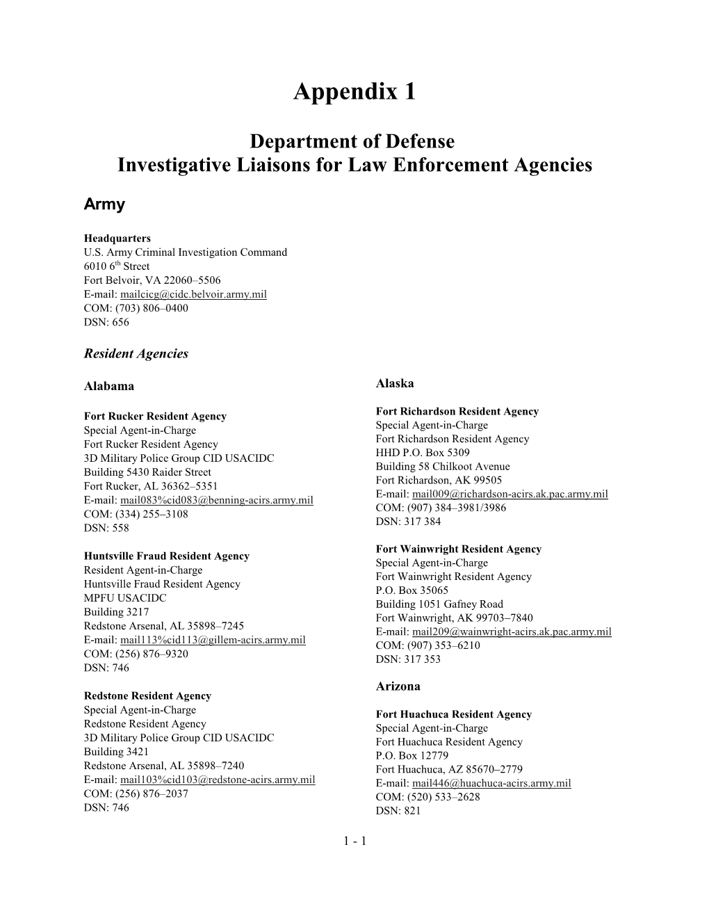 Appendix 1 Department of Defense Investigative Liaisons for Law