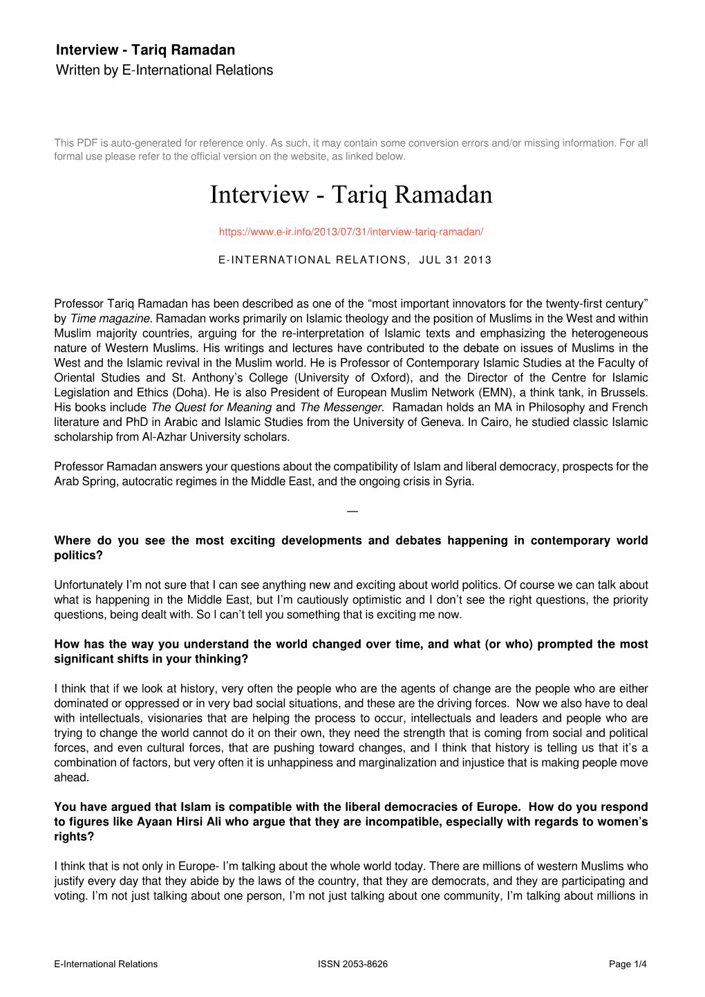 Tariq Ramadan Written by E-International Relations