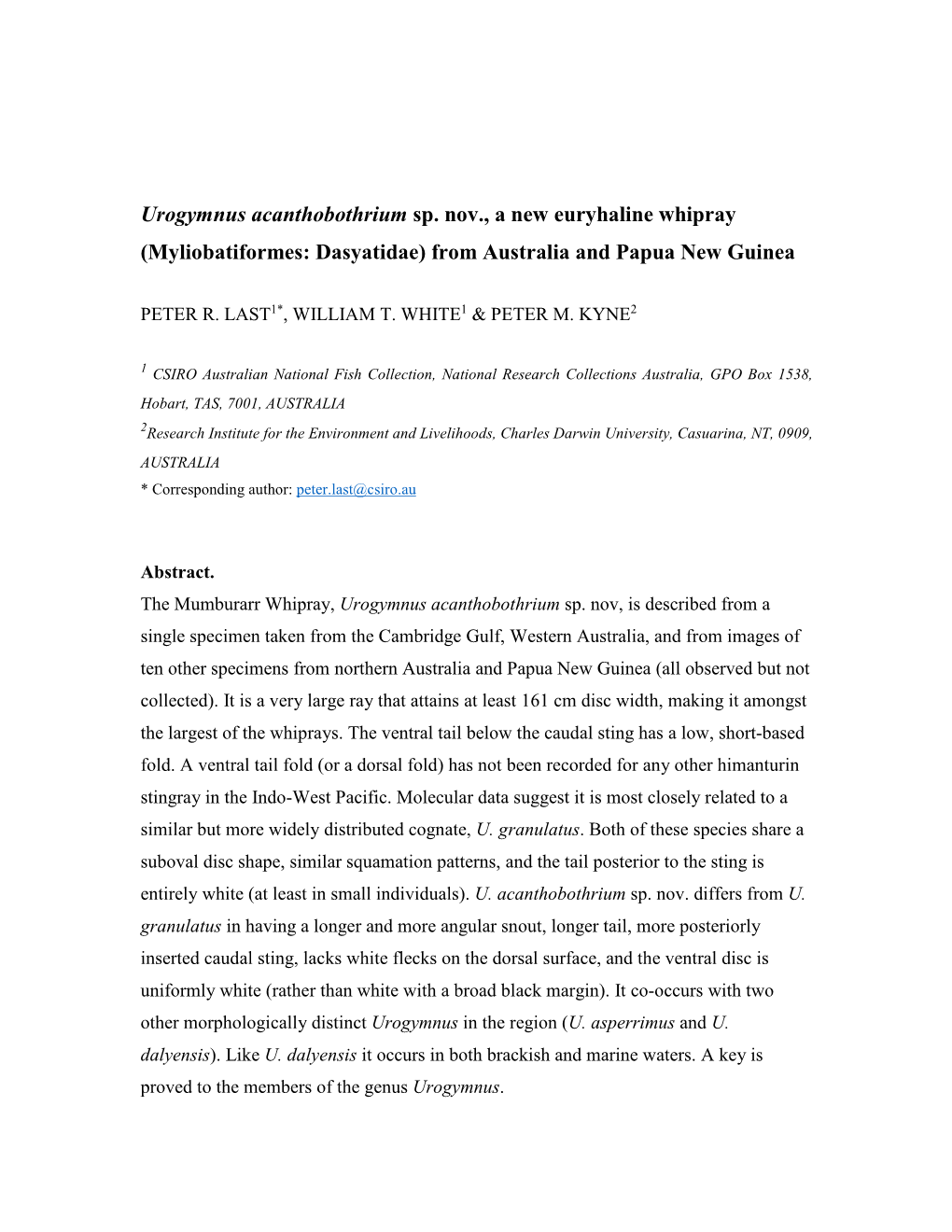 Urogymnus Acanthobothrium Sp. Nov., a New Euryhaline Whipray (Myliobatiformes: Dasyatidae) from Australia and Papua New Guinea