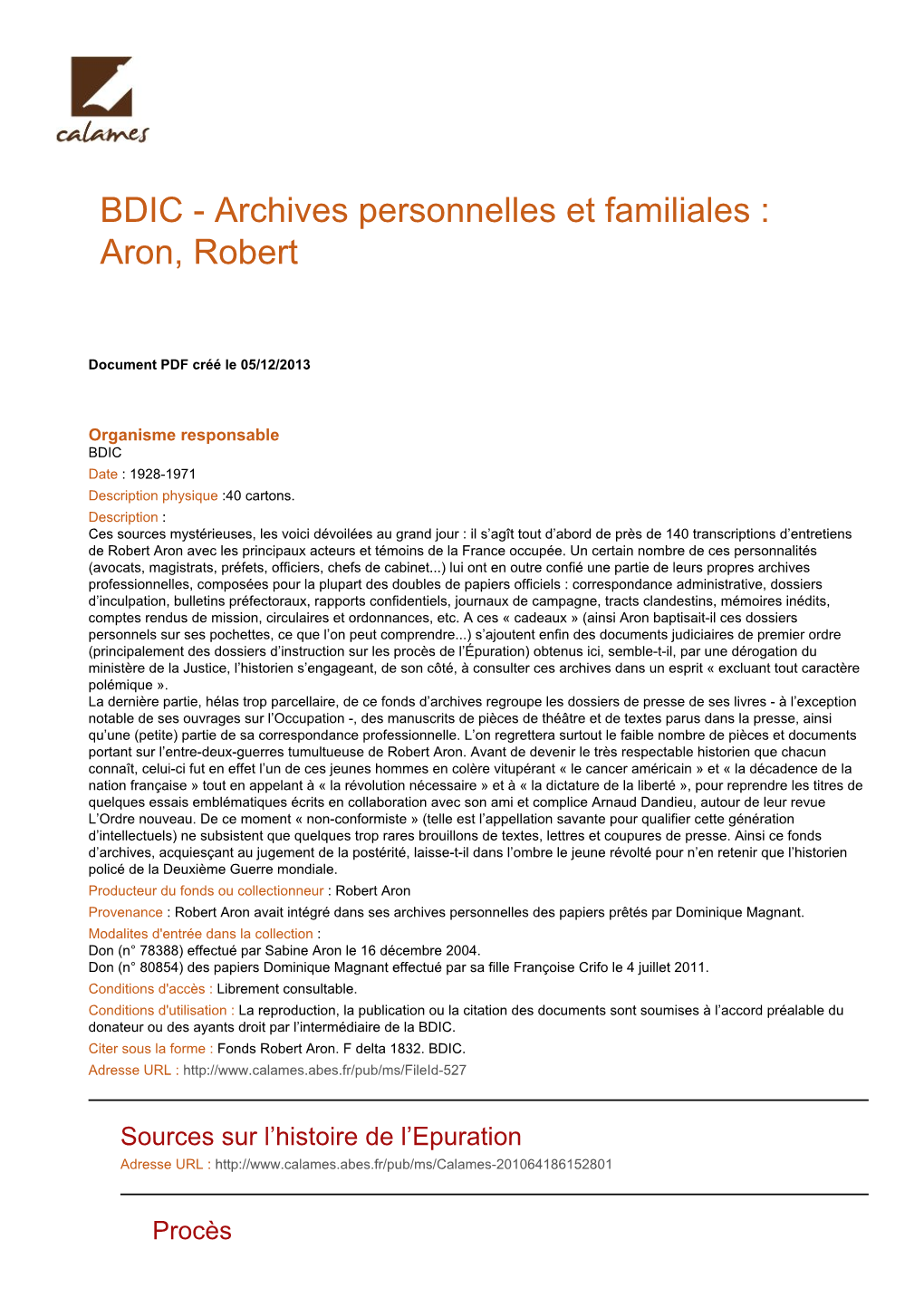 Répertoire Numérique Du Fonds Robert Aron