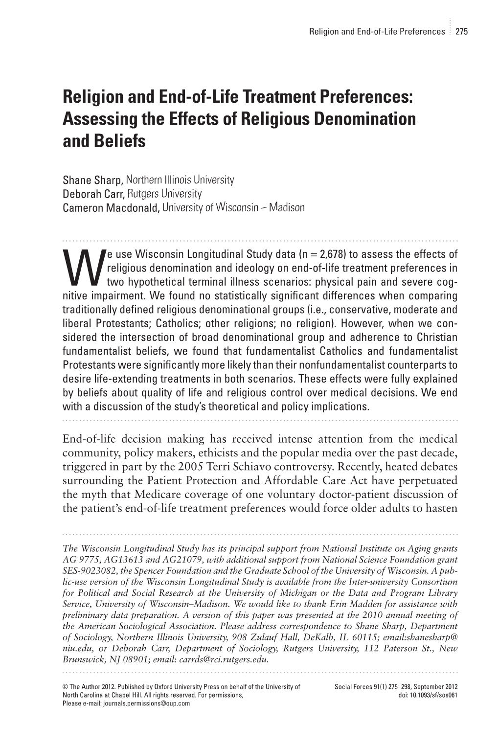 Religion and End-Of-Life Treatment Preferences: Assessing the Effects of Religious Denomination and Beliefs