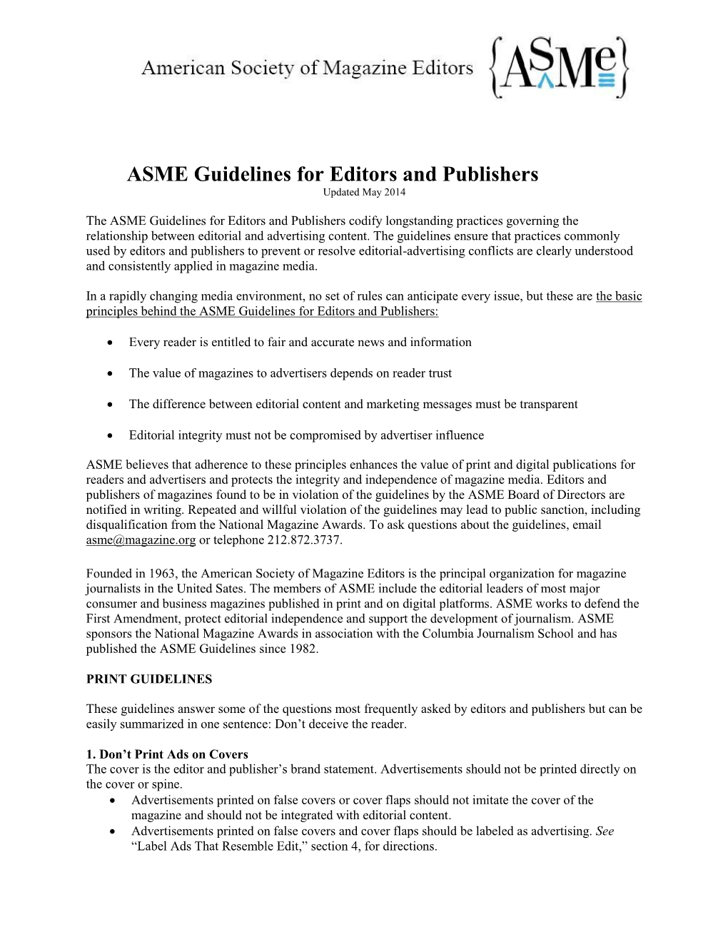 ASME Guidelines for Editors and Publishers Updated May 2014