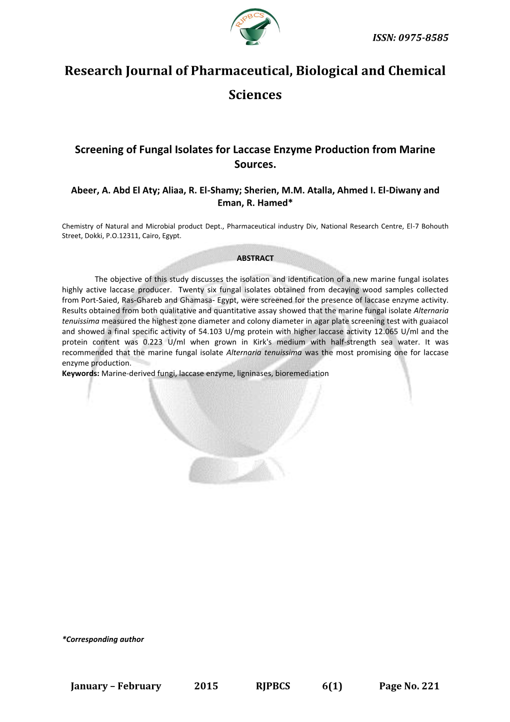Screening of Fungal Isolates for Laccase Enzyme Production from Marine Sources