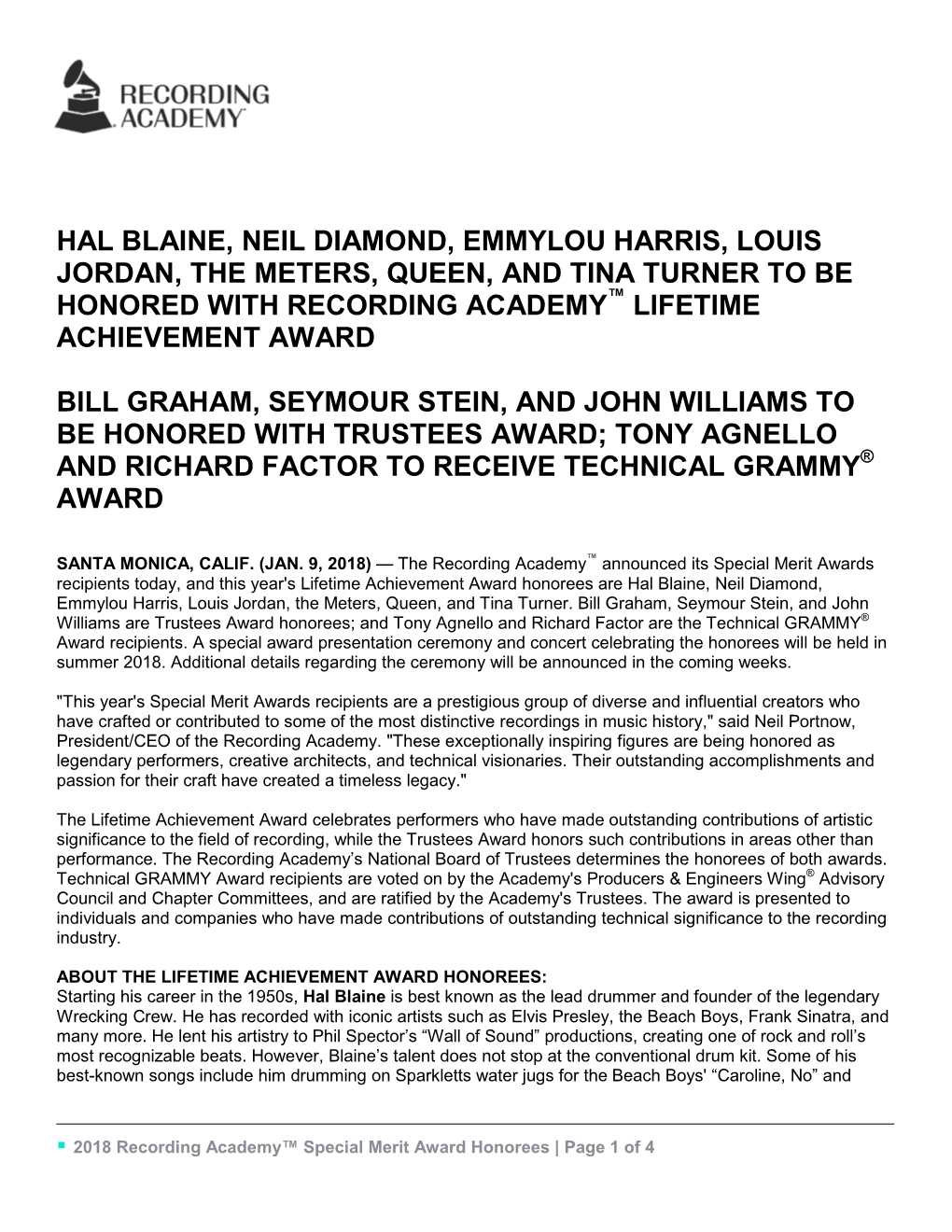 Hal Blaine, Neil Diamond, Emmylou Harris, Louis Jordan, the Meters, Queen, and Tina Turner to Be Honored with Recording Academy™ Lifetime Achievement Award