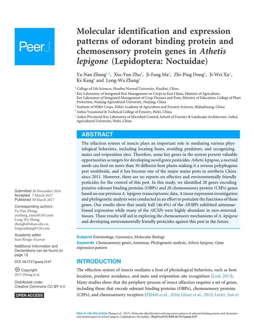 Molecular Identification and Expression Patterns of Odorant Binding Protein and Chemosensory Protein Genes in Athetis Lepigone (Lepidoptera: Noctuidae)