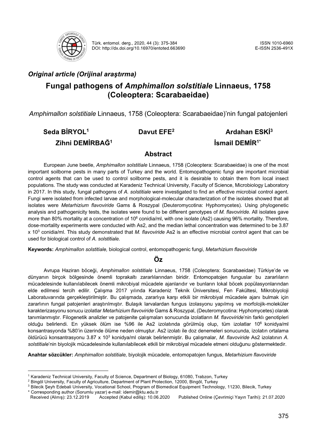 Fungal Pathogens of Amphimallon Solstitiale Linnaeus, 1758 (Coleoptera: Scarabaeidae)