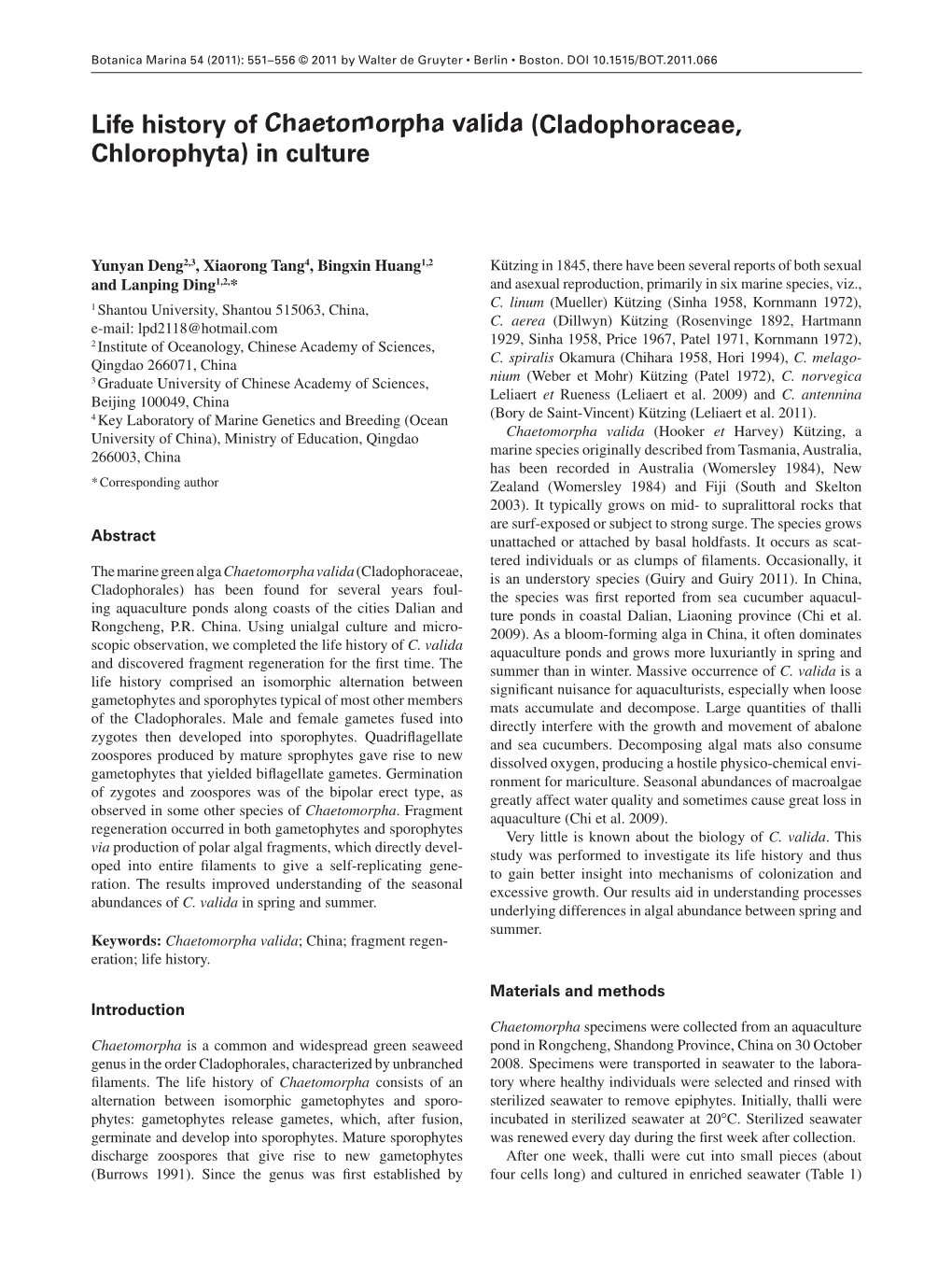 Life History of Chaetomorpha Valida (Cladophoraceae, Chlorophyta) in Culture