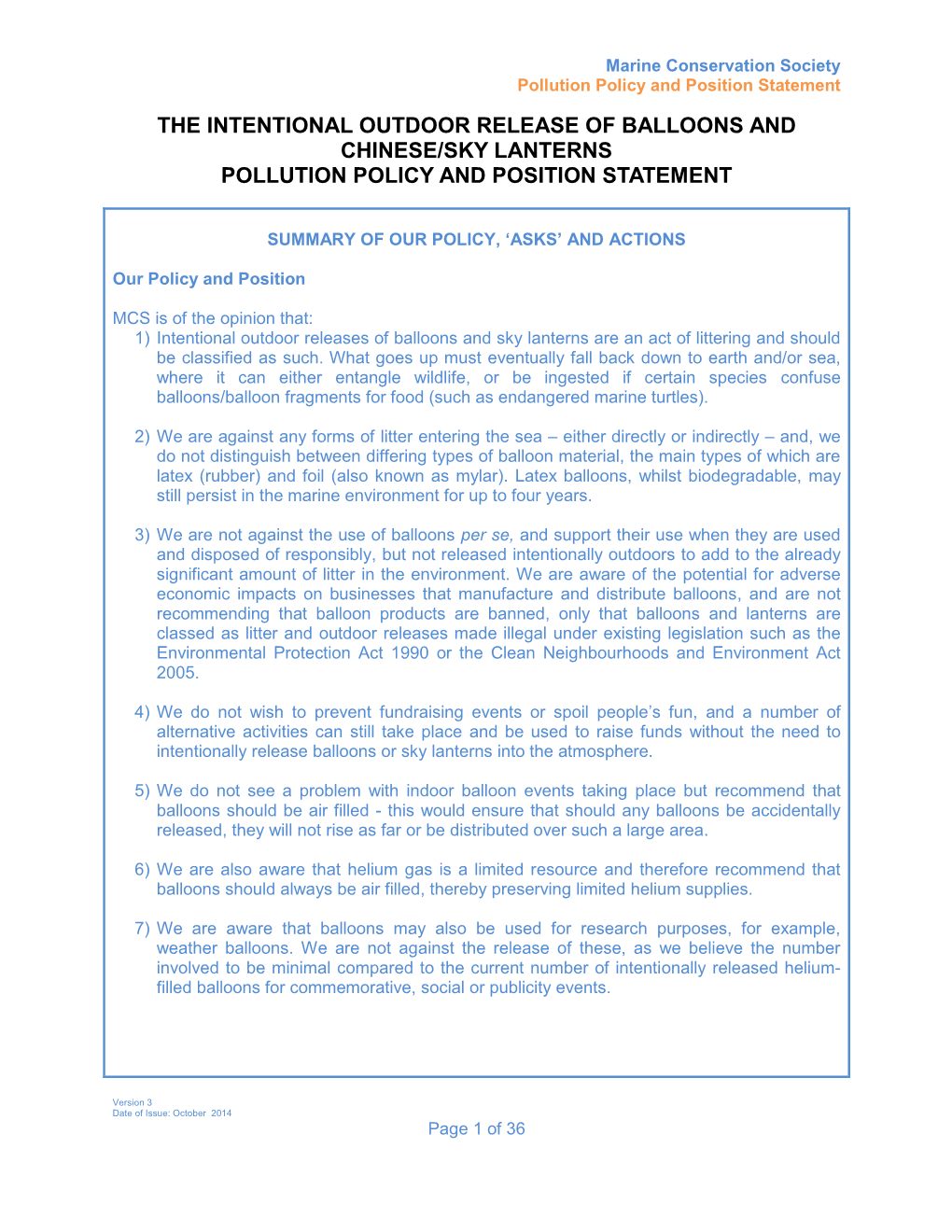 The Intentional Outdoor Release of Balloons and Chinese/Sky Lanterns Pollution Policy and Position Statement