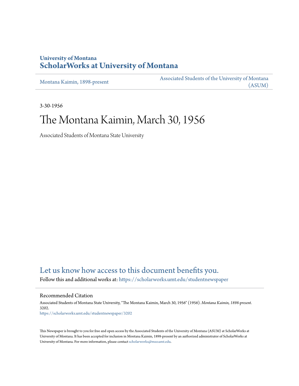 The Montana Kaimin, March 30, 1956