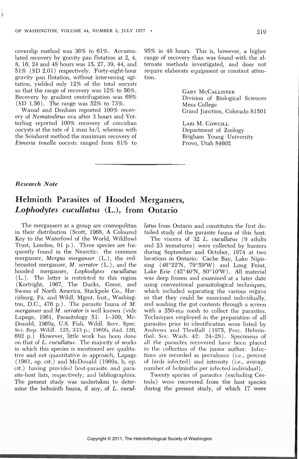 Helminth Parasites of Hooded Mergansers, Lophodytes Cucullatus (L.), from Ontario