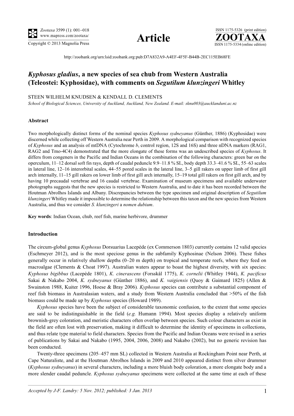 Kyphosus Gladius, a New Species of Sea Chub from Western Australia (Teleostei: Kyphosidae), with Comments on Segutilum Klunzingeri Whitley