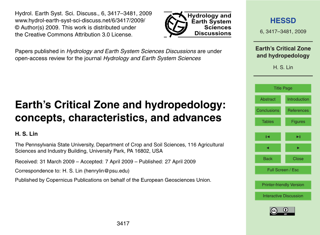 Earth's Critical Zone and Hydropedology
