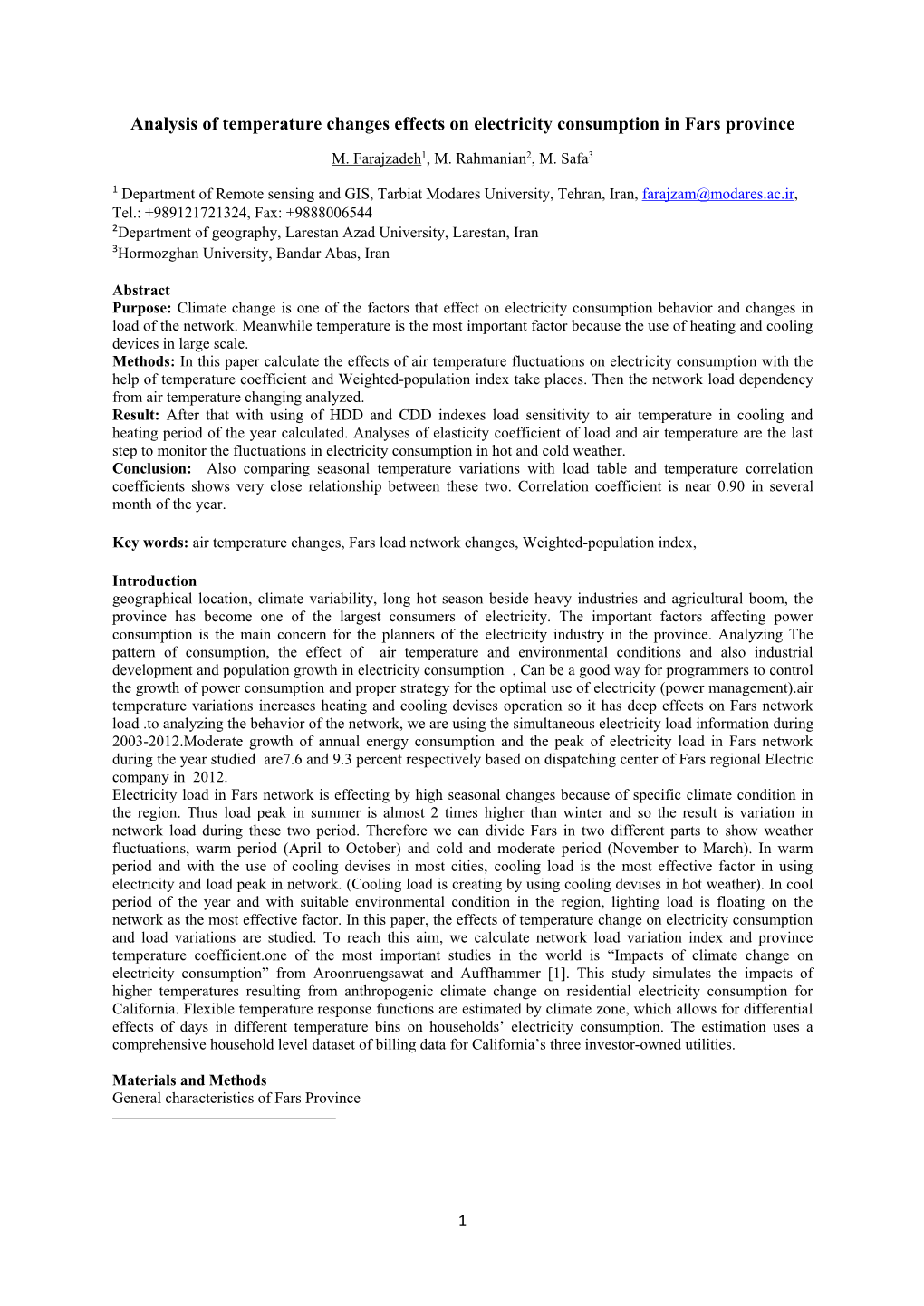 Analysis of Temperature Changes Effects on Electricity Consumption in Fars Province