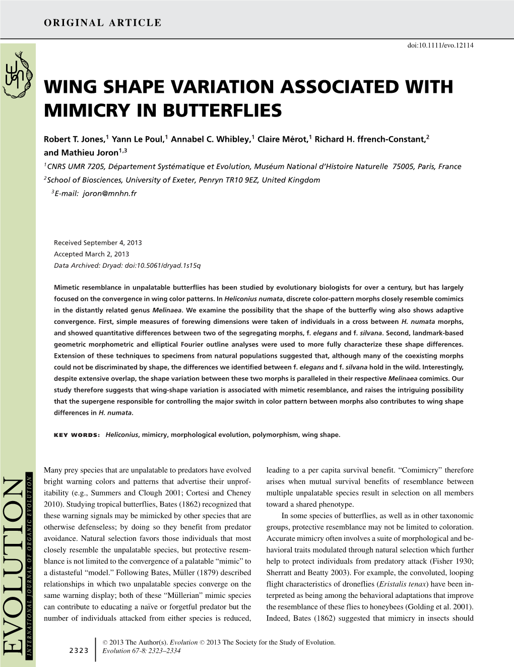 Wing Shape Variation Associated with Mimicry in Butterflies