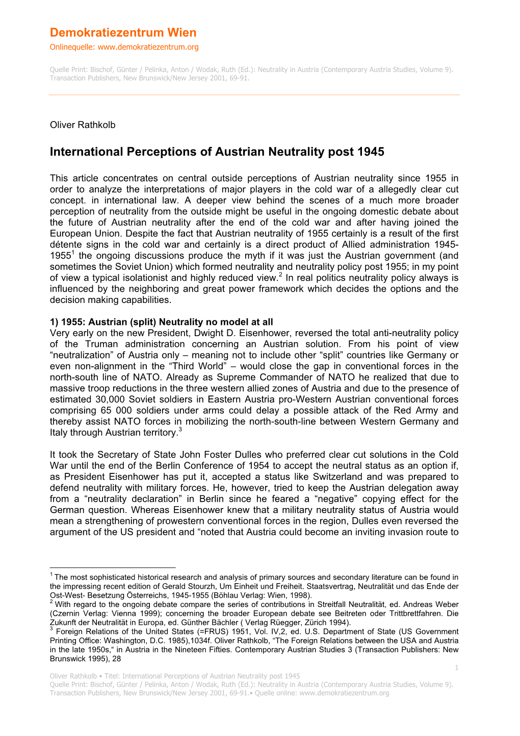 International Perception of Austrian Neutrality Post 1945