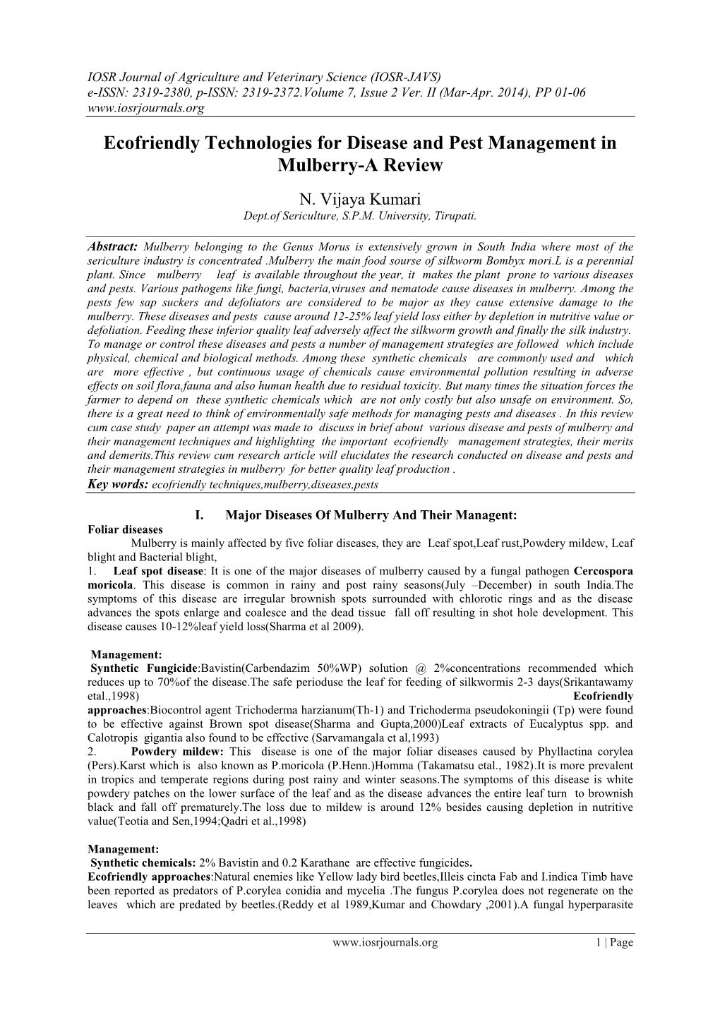 Ecofriendly Technologies for Disease and Pest Management in Mulberry-A Review