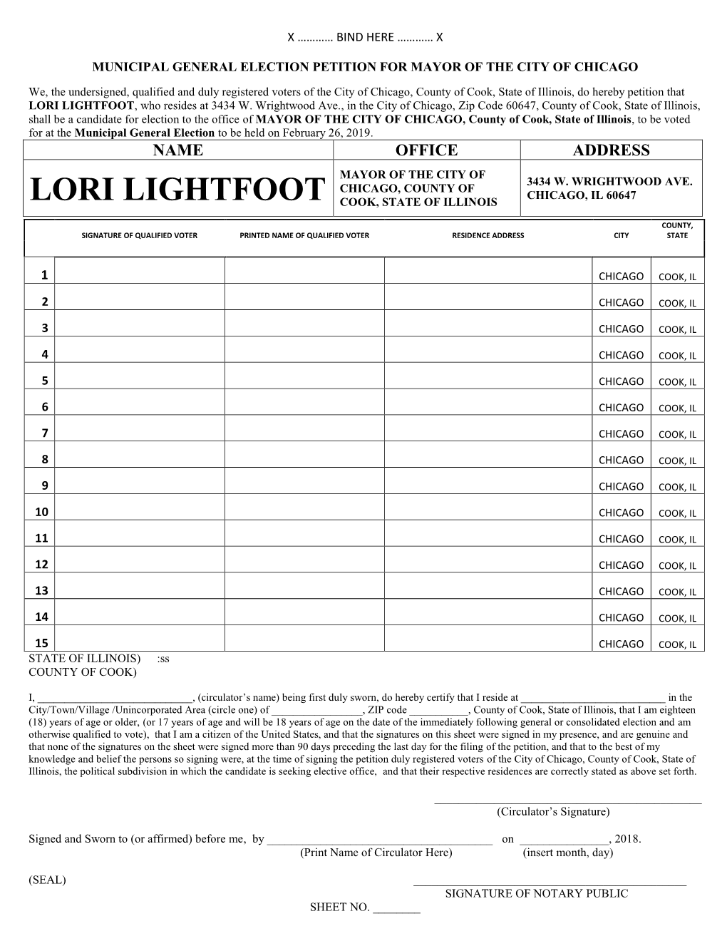 LORI LIGHTFOOT, Who Resides at 3434 W