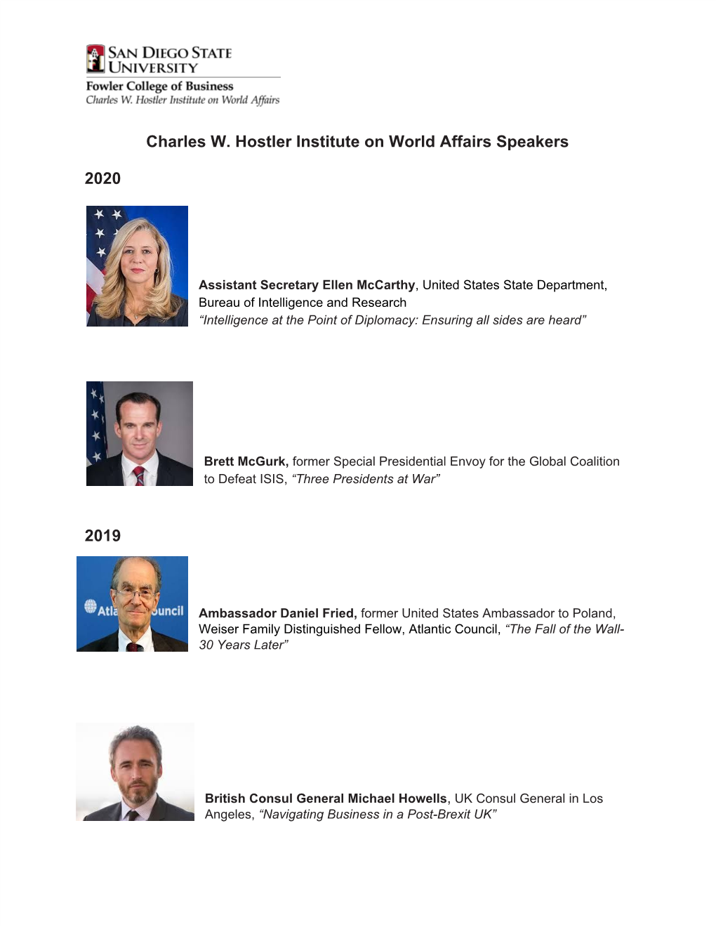 Charles W. Hostler Institute on World Affairs Speakers 2020 2019