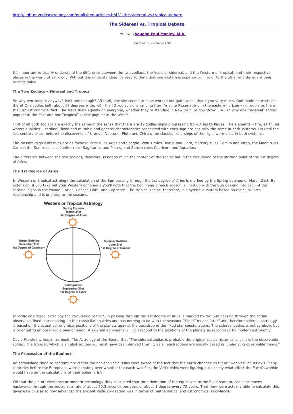 The Sidereal Vs. Tropical Debate