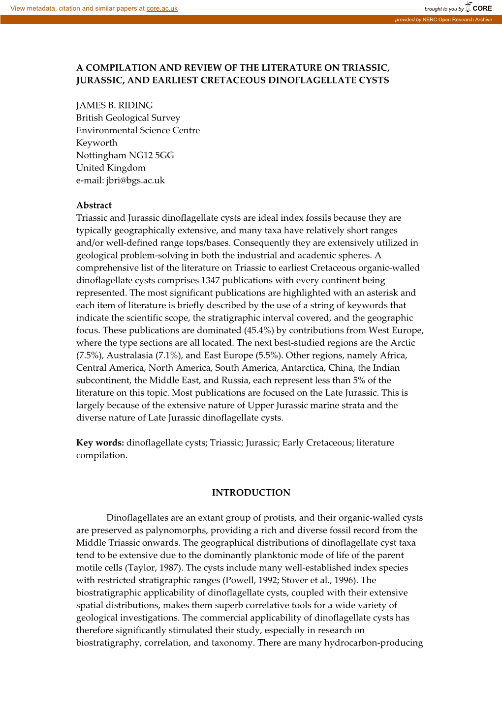 A Compilation and Review of the Literature on Triassic, Jurassic, and Earliest Cretaceous Dinoflagellate Cysts