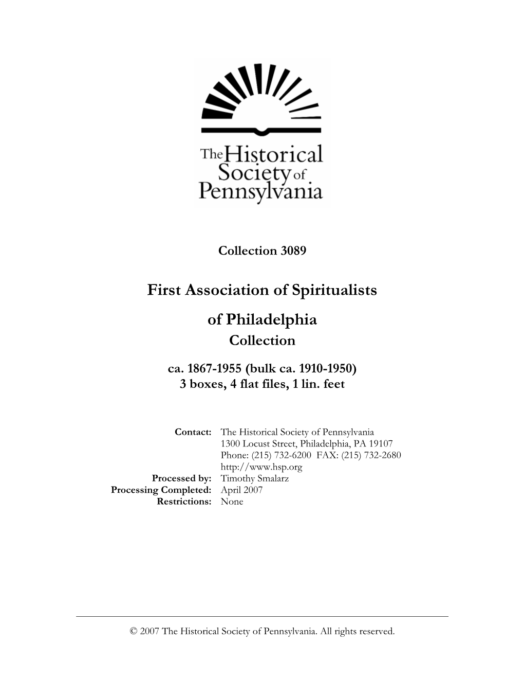 First Association of Spiritualists of Philadelphia Collection