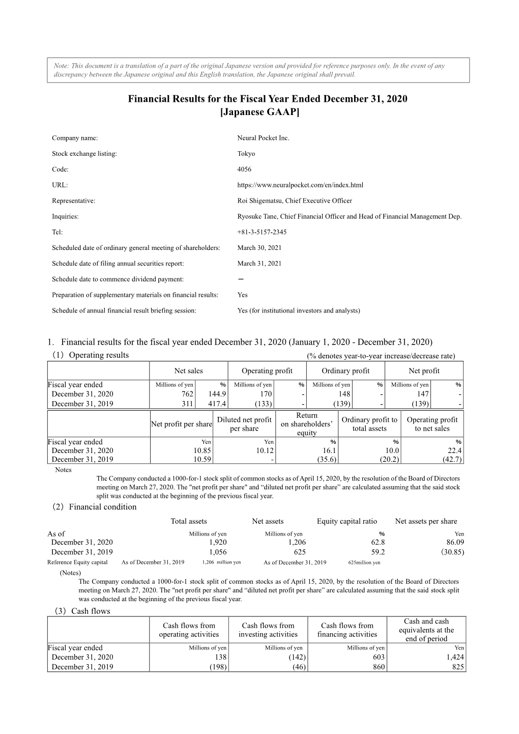 Financial Results for the Fiscal Year Ended December 31, 2020 [Japanese GAAP]