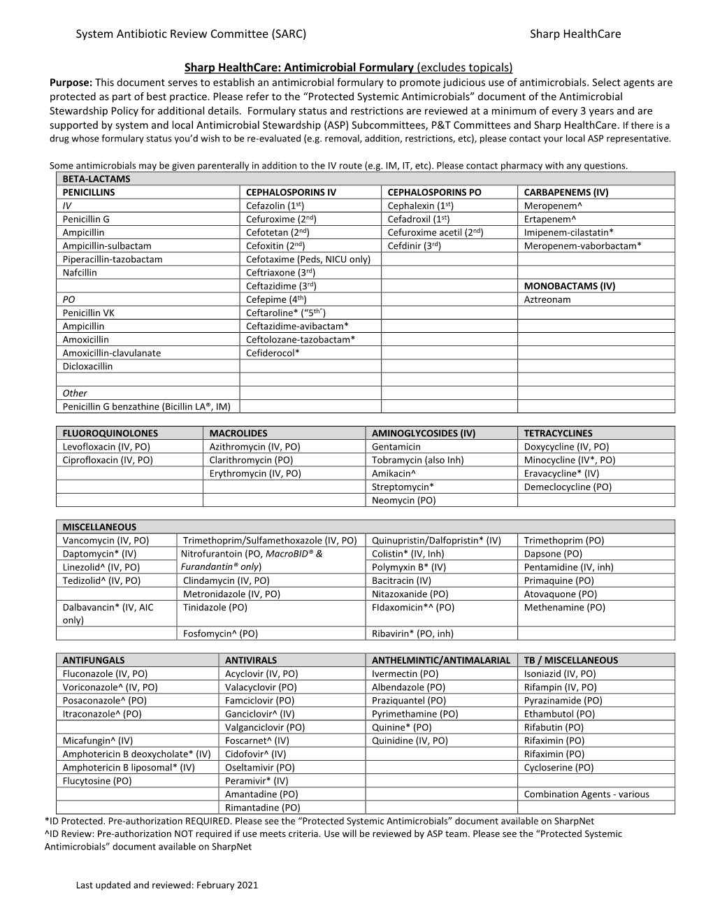 Antimicrobial Formulary (Excludes Topicals) Purpose: This Document Serves to Establish an Antimicrobial Formulary to Promote Judicious Use of Antimicrobials