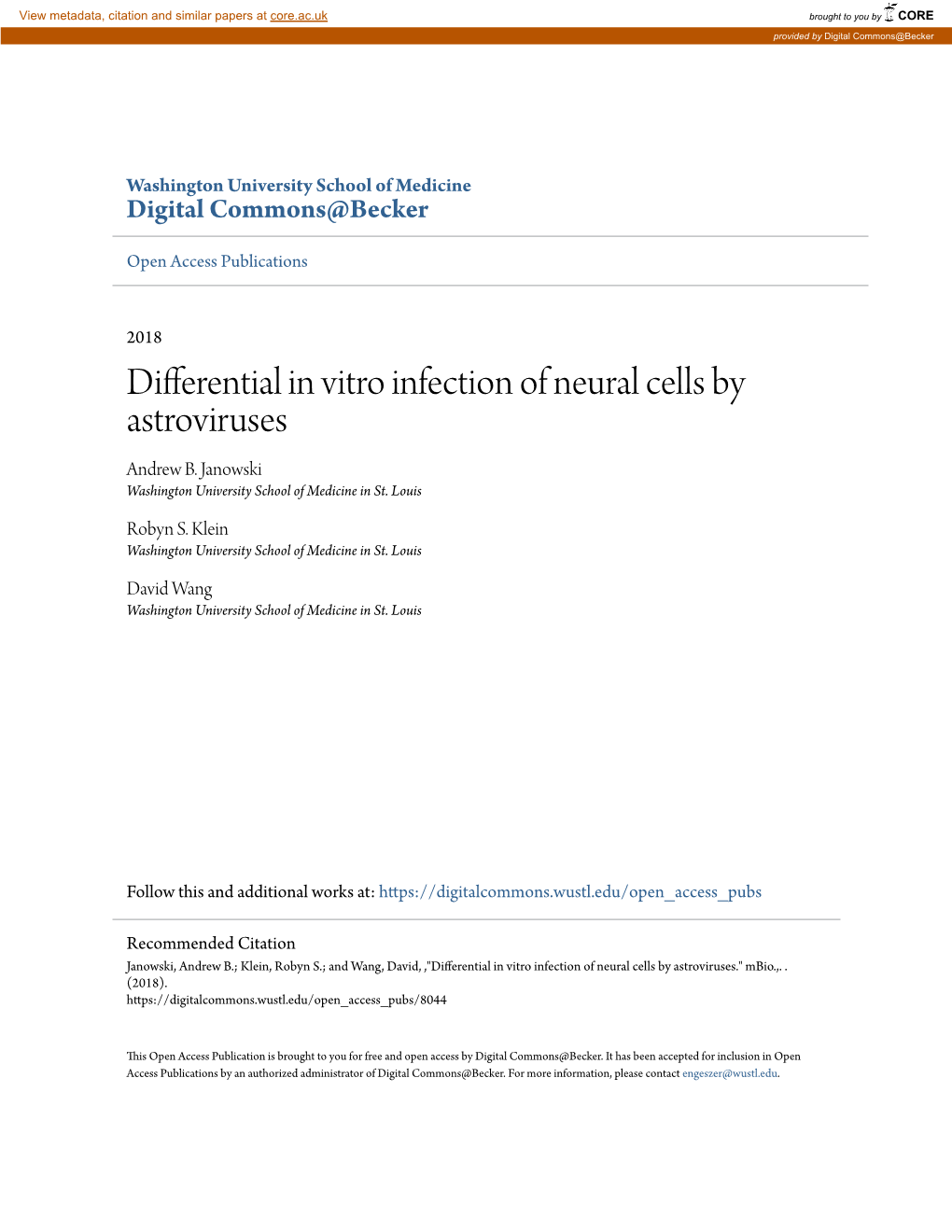 Differential in Vitro Infection of Neural Cells by Astroviruses Andrew B