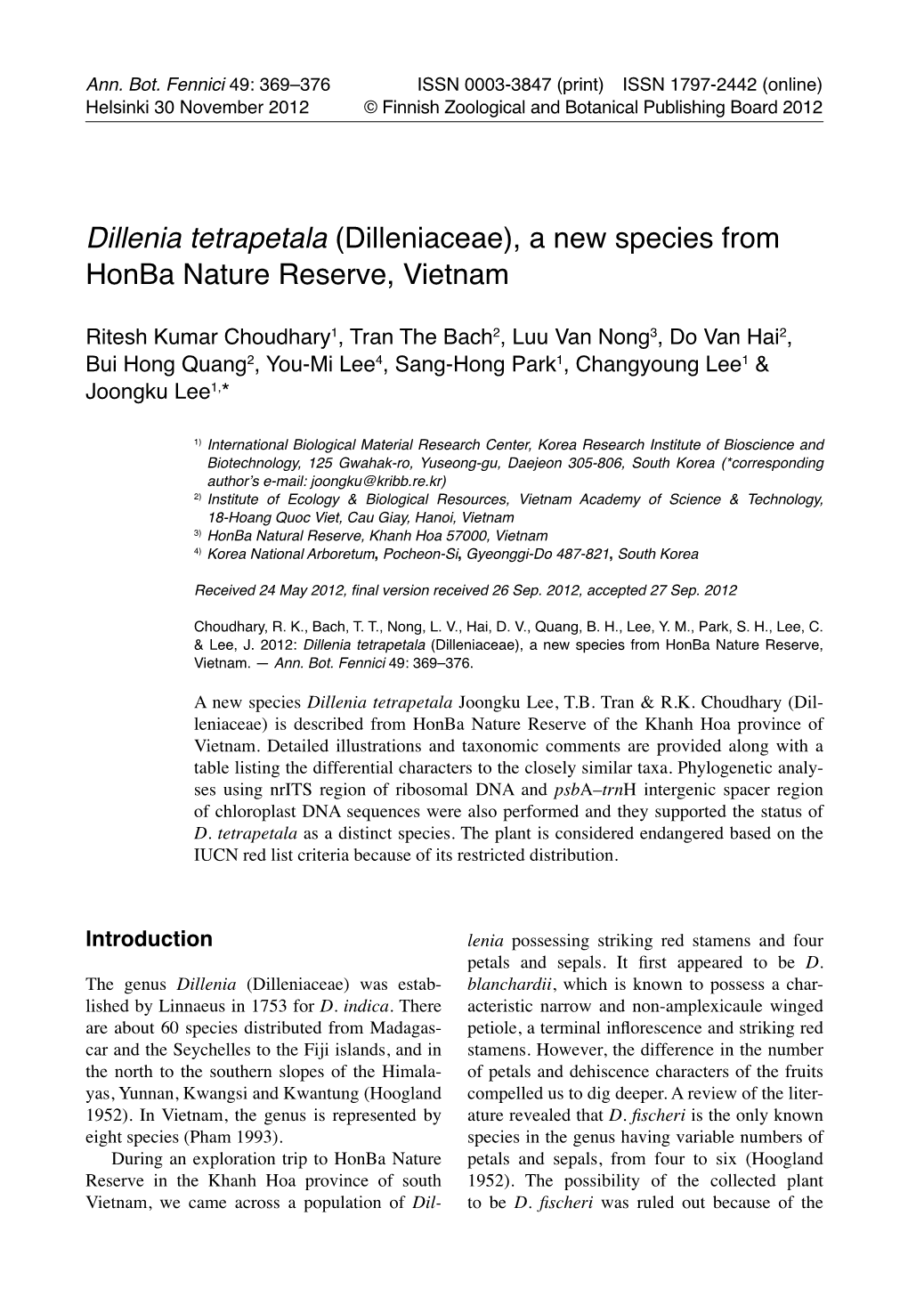 Dillenia Tetrapetala (Dilleniaceae), a New Species from Honba Nature Reserve, Vietnam