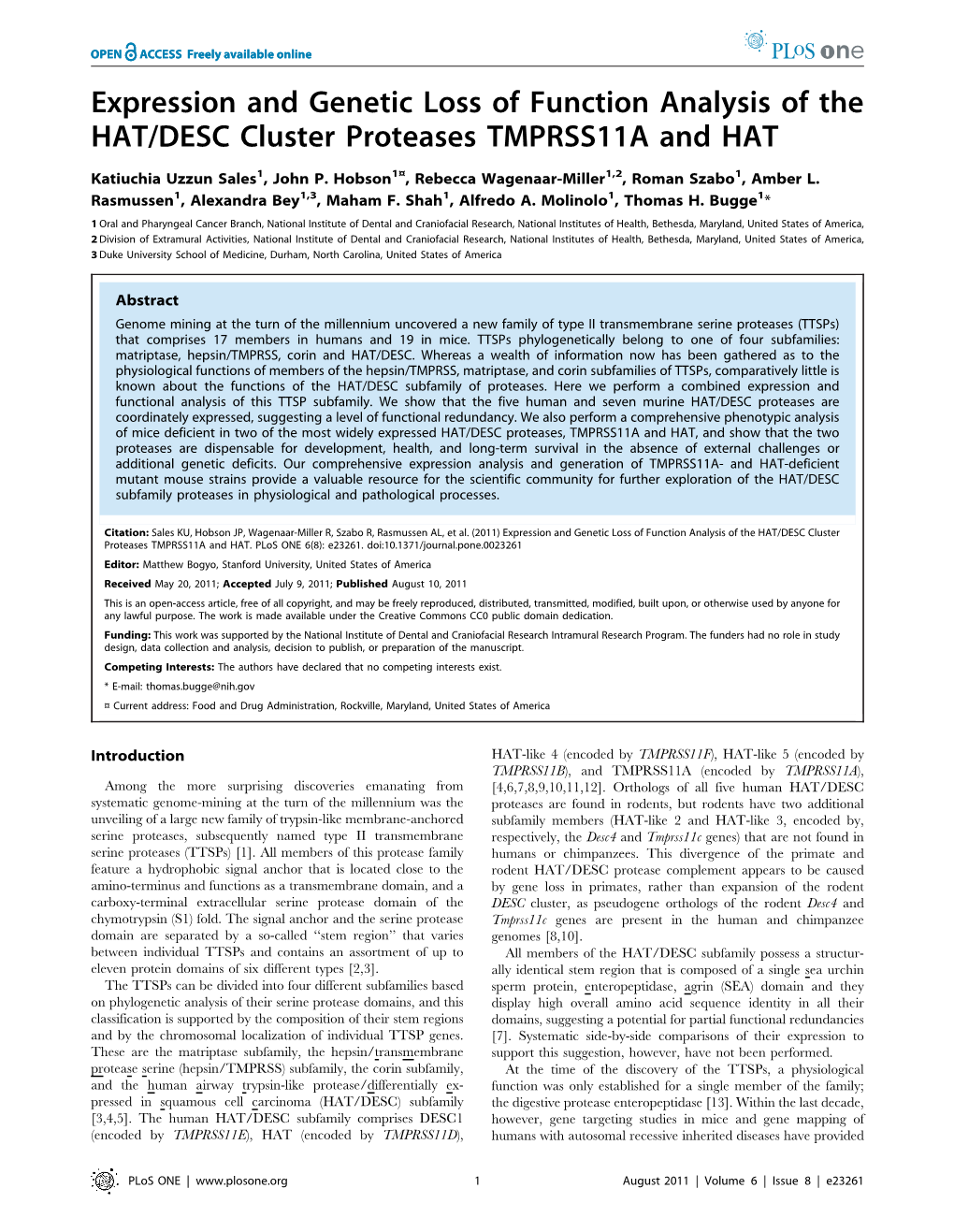 Expression and Genetic Loss of Function Analysis of the HAT/DESC Cluster Proteases TMPRSS11A and HAT