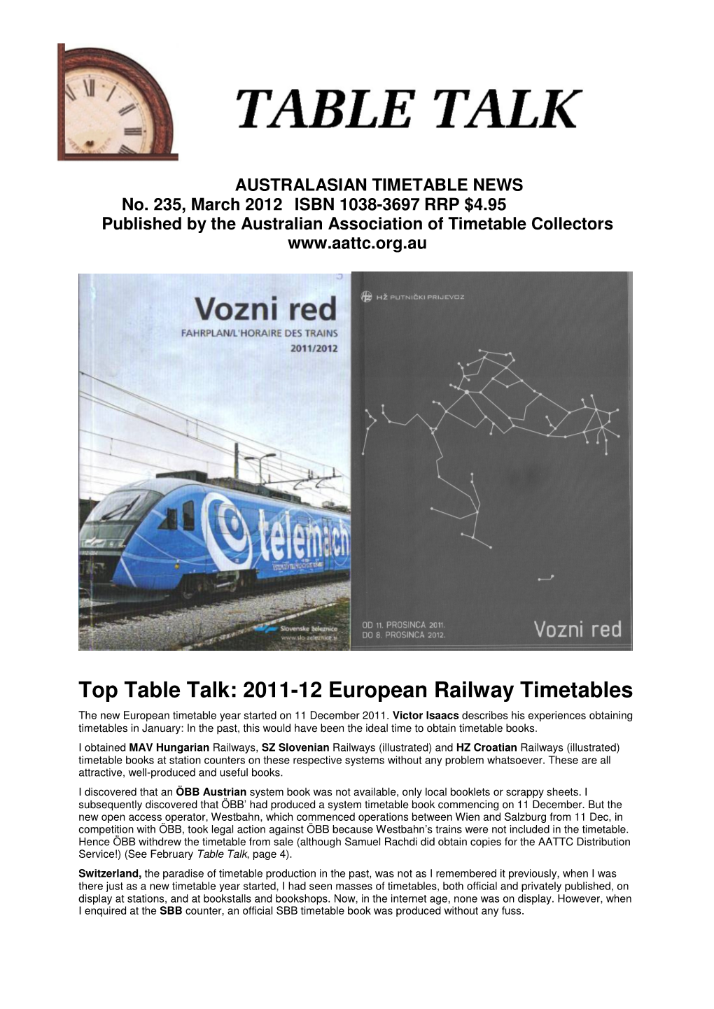 Top Table Talk: 2011-12 European Railway Timetables the New European Timetable Year Started on 11 December 2011