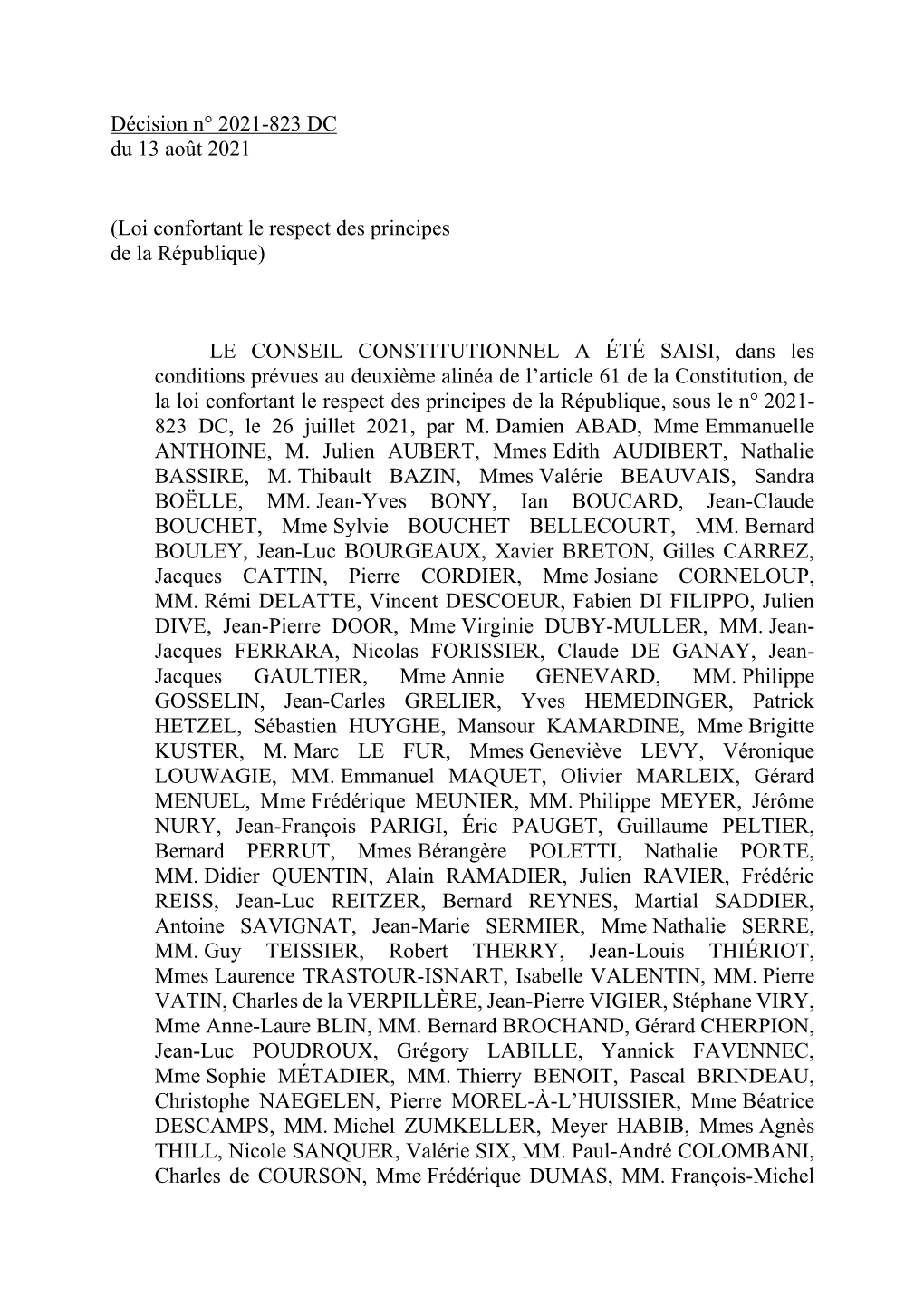 Décision N° 2021-823 DC Du 13 Août 2021, [Loi Confortant Le Respect Des Principes De La République]