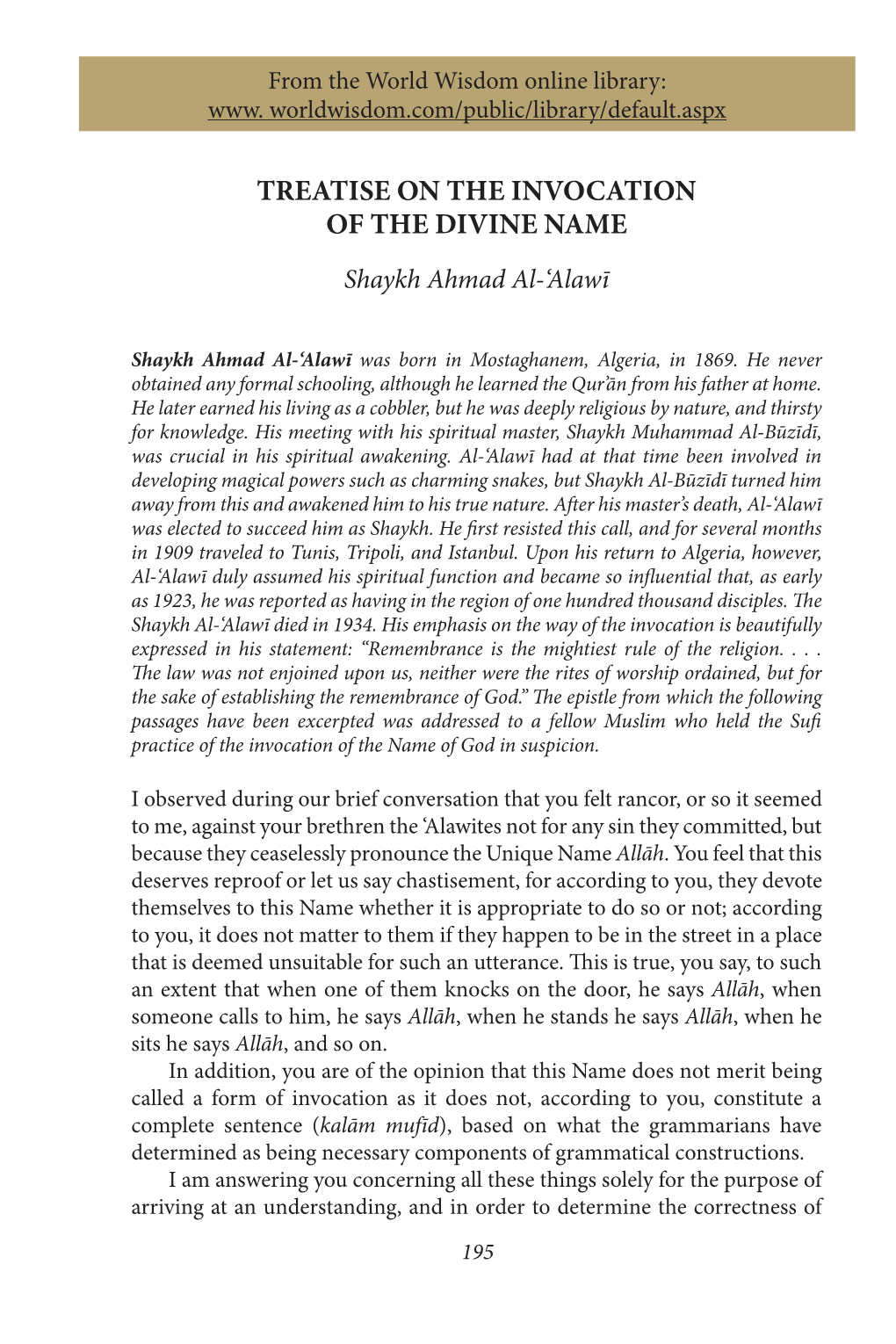 "Treatise on the Invocation of the Divine Name" by Shaykh Ahmad Al