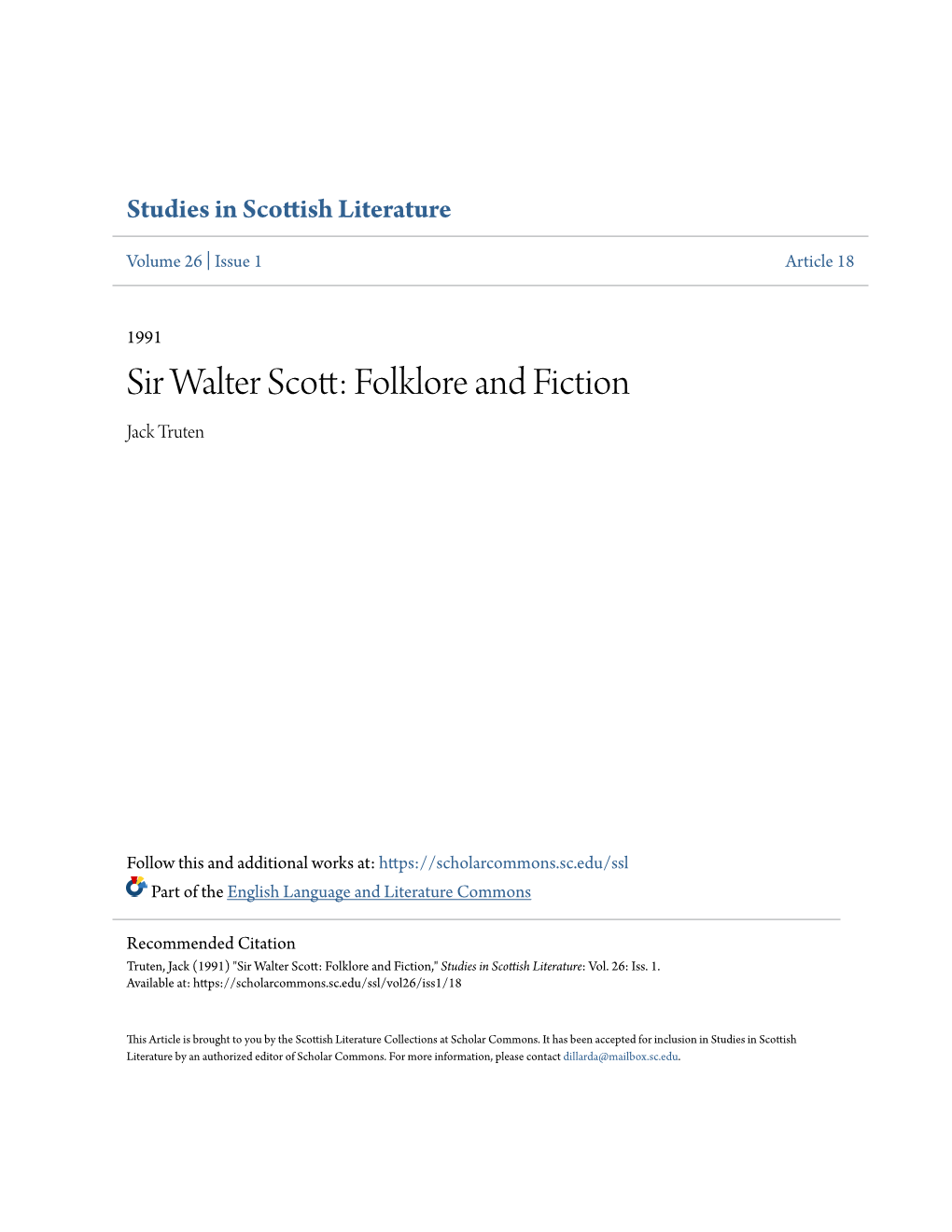 Sir Walter Scott: Folklore and Fiction Jack Truten