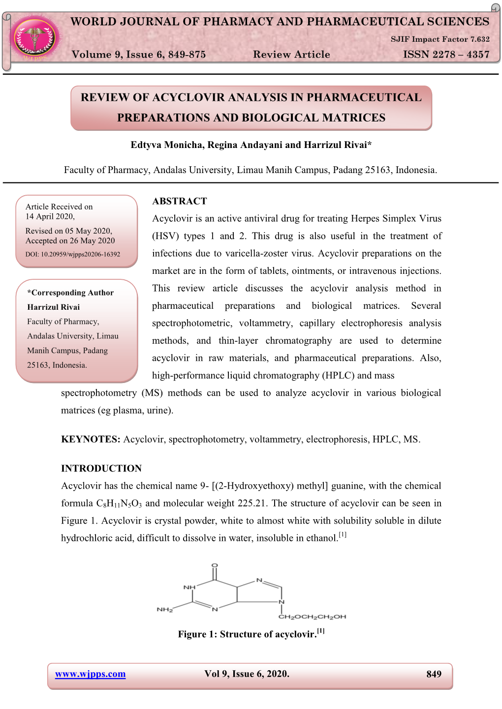 Review of Acyclovir Analysis in Pharmaceutical Preparations and Biological Matrices