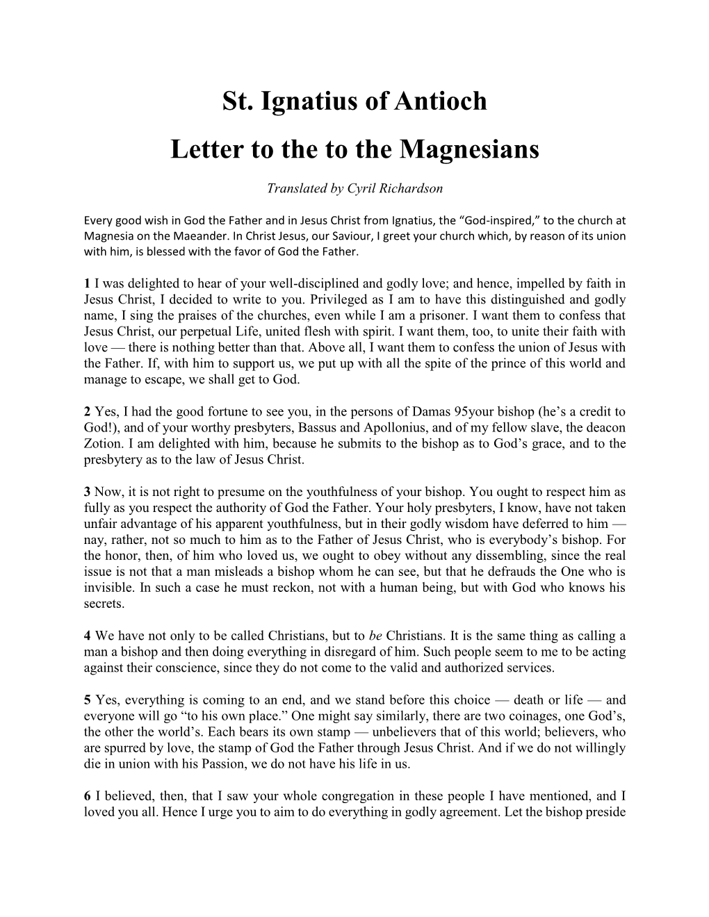 St. Ignatius of Antioch Letter to the to the Magnesians