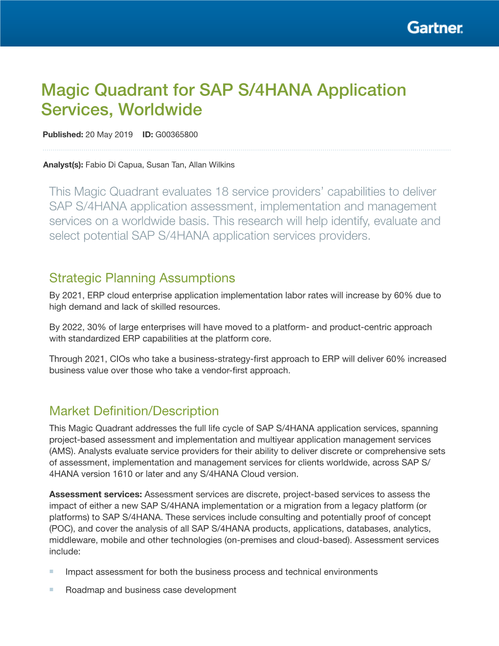 Magic Quadrant for SAP S/4HANA Application Services, Worldwide