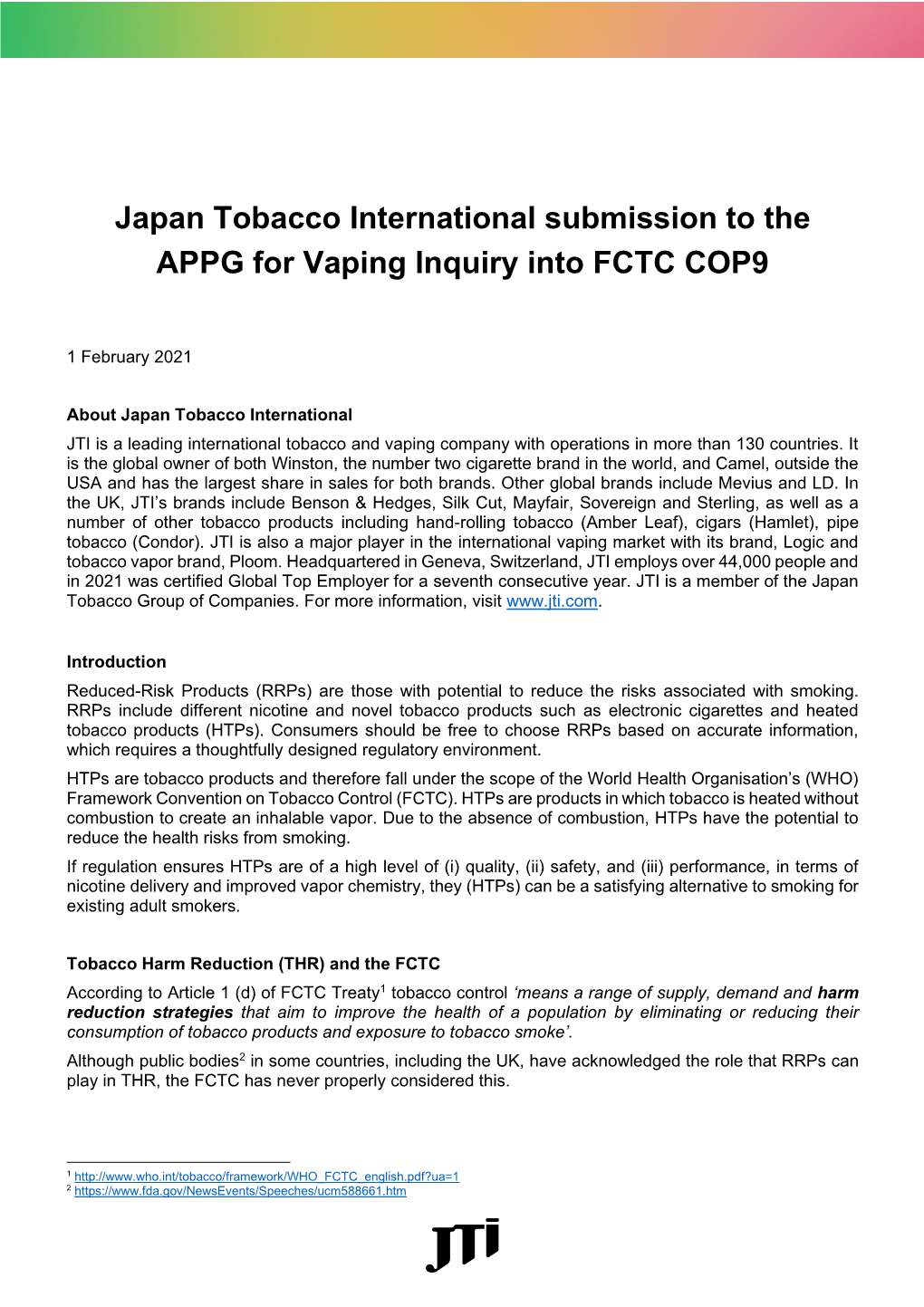 Japan Tobacco International Submission to the APPG for Vaping Inquiry Into FCTC COP9