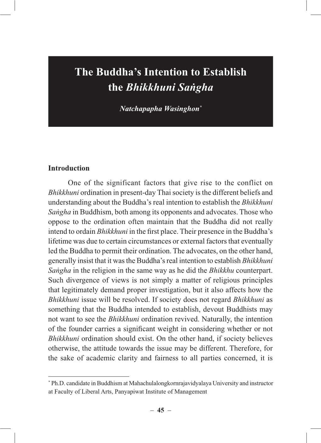 The Buddha's Intention to Establish the Bhikkhuni Saṅgha